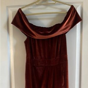 Elegant Rust Off-Shoulder Gown with Cap Sleeves